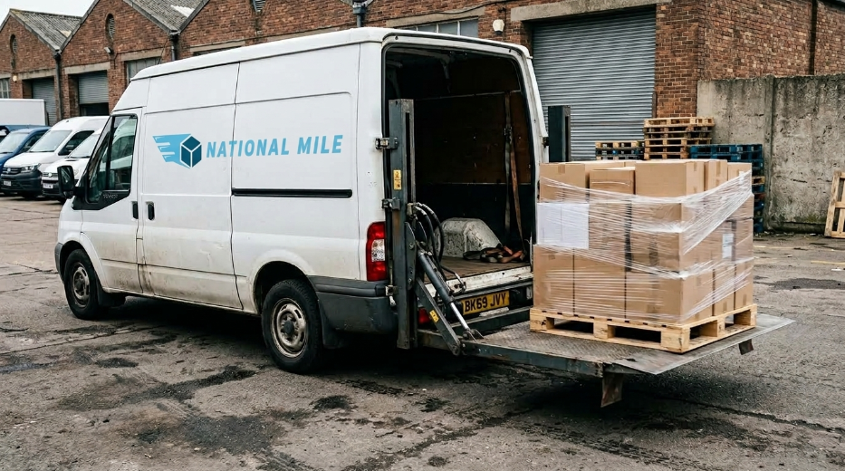 Warehouse racking with palletised freight ready for UK-wide courier collection