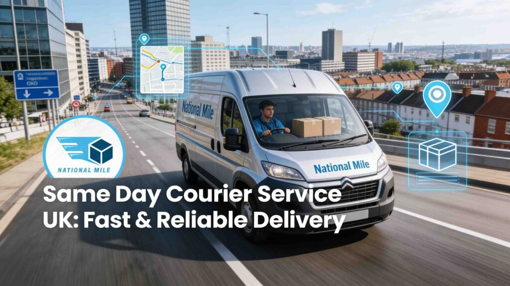 Same Day Courier Service UK delivery van transporting parcels quickly through a modern British city for fast and reliable shipping.