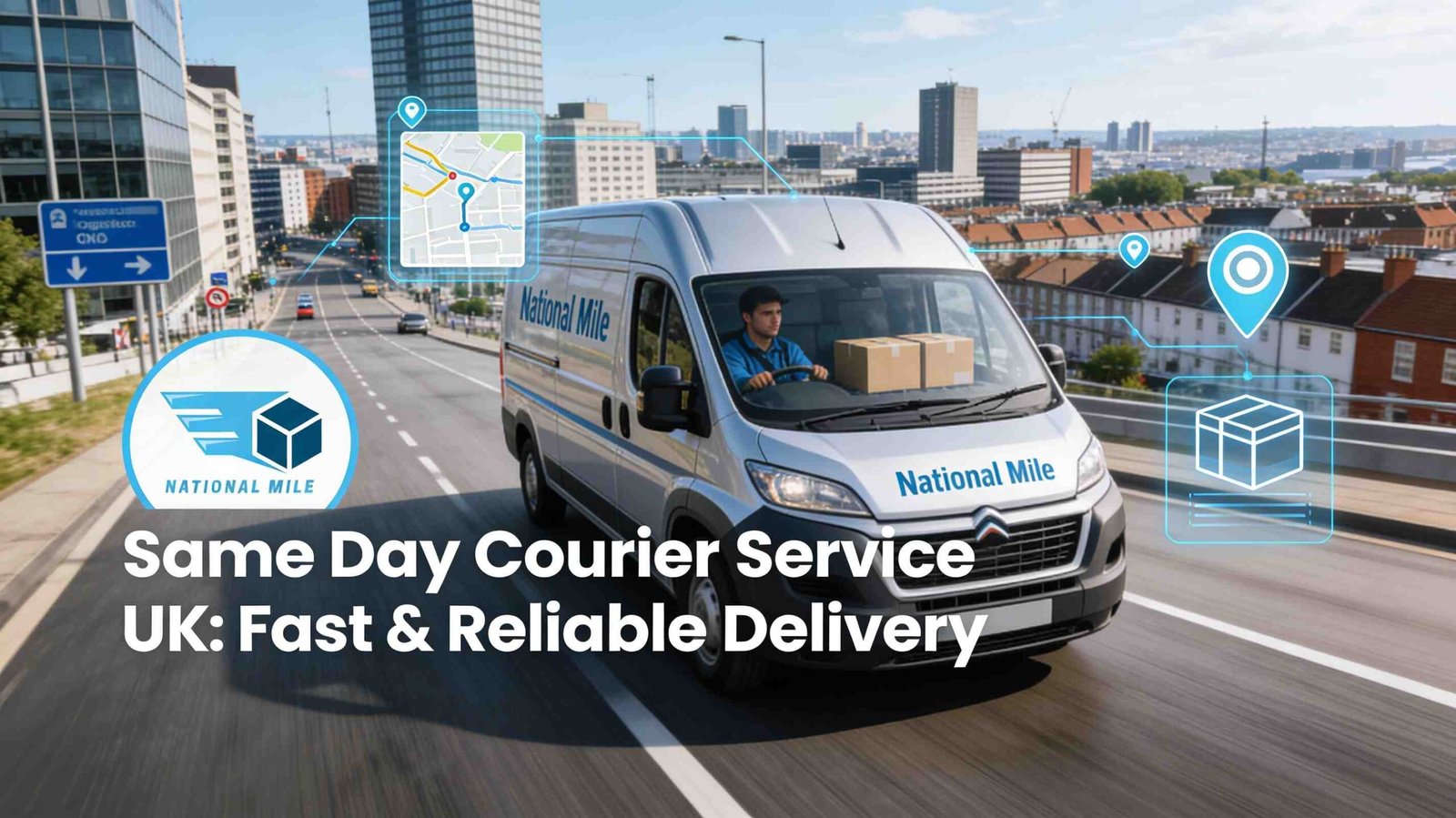 Same Day Courier Service UK delivery van transporting parcels quickly through a modern British city for fast and reliable shipping.